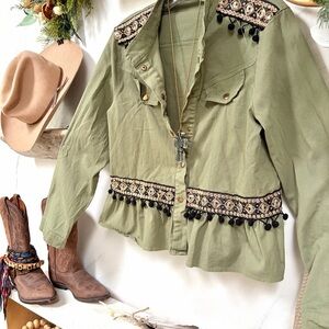 Military army Olive Green Women's Jacket w pompon fringe and embroidery